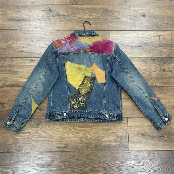Old Navy Blue Jeans Jacket Women Medium Denim Upcycled Patchwork 80s 90s Vintage - Picture 1 of 14